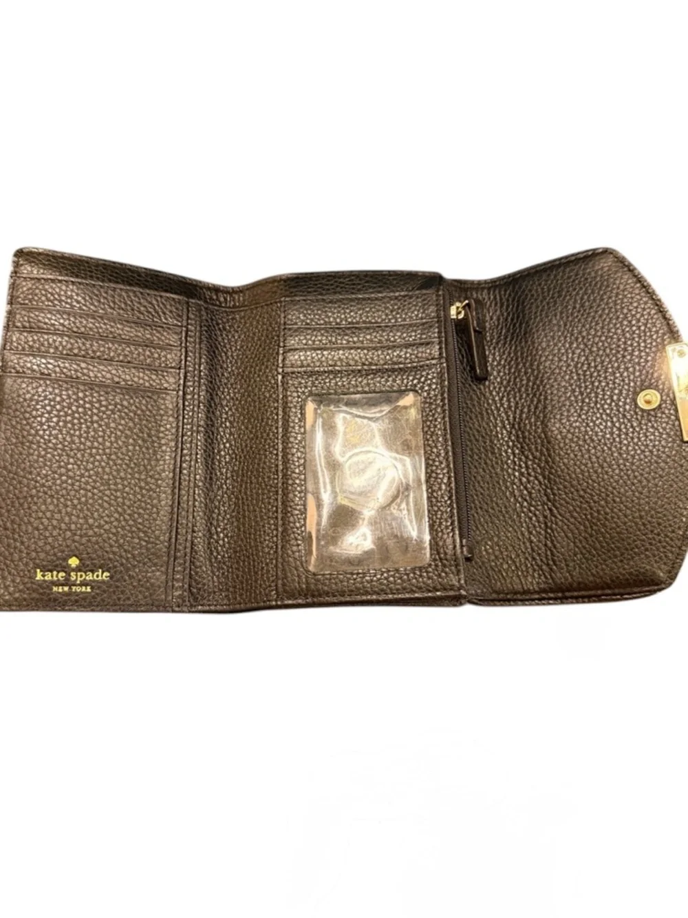 Kate Spade Black Pebbled Leather Tri Fold Wallet with Gold-Tone Logo Closure